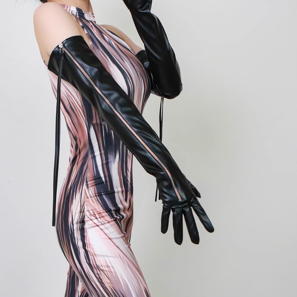 Leather Driving Glove - Women's Black Long PU Leather Zipper
